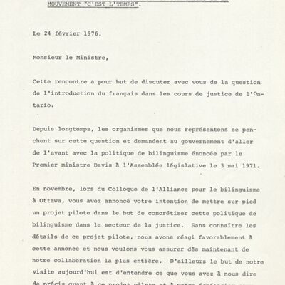 Mémoire au procureur général de l'Ontario par l'Association canadienne-française de l'Ontario, l'Association des enseignants franco-onatiens, la Fédération des femmes canadiennes-française et le Mouvement "C'est l'temps"
