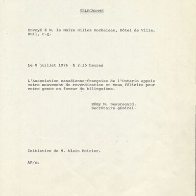 Telegramme envoyé au maire Gilles Rocheleau de Rémy Beauregard, Secrétaire général de l'ACFO